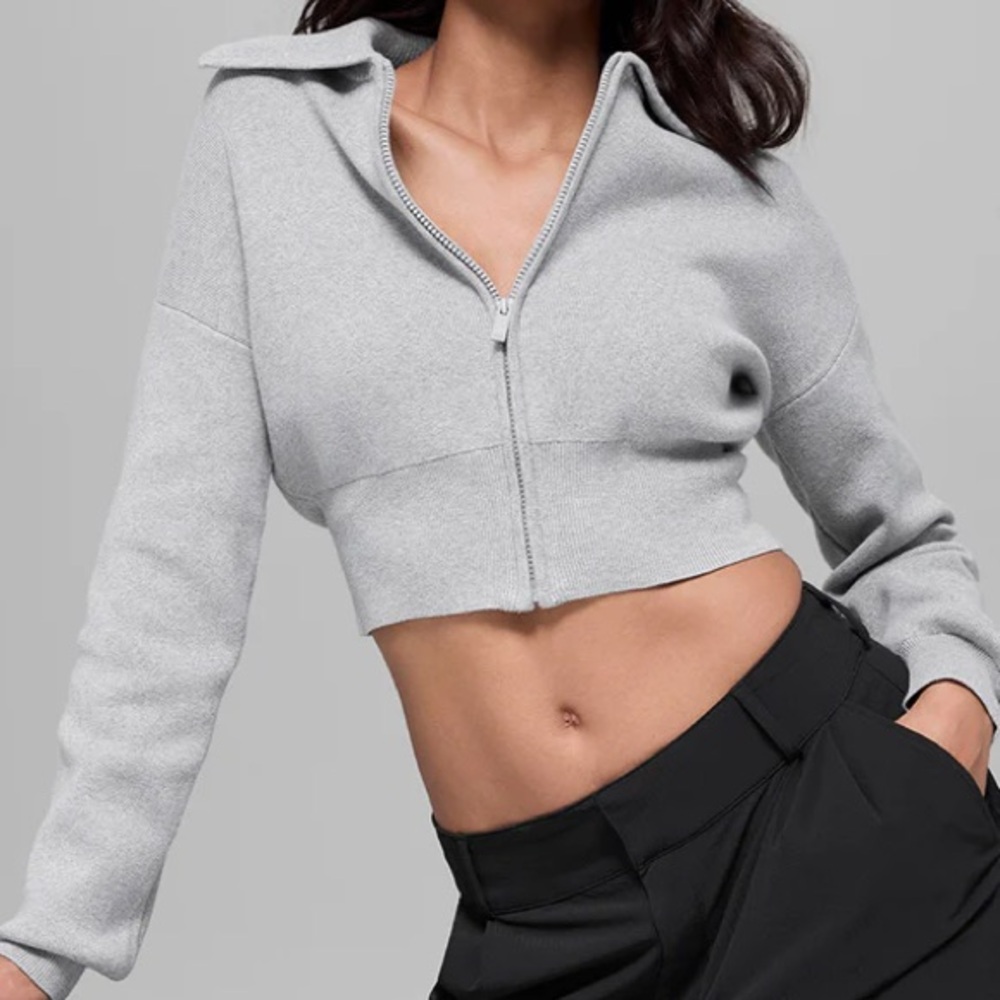 Alo Yoga Scholar Knit Cropped Full Zip Jacket Athletic Heather Grey S